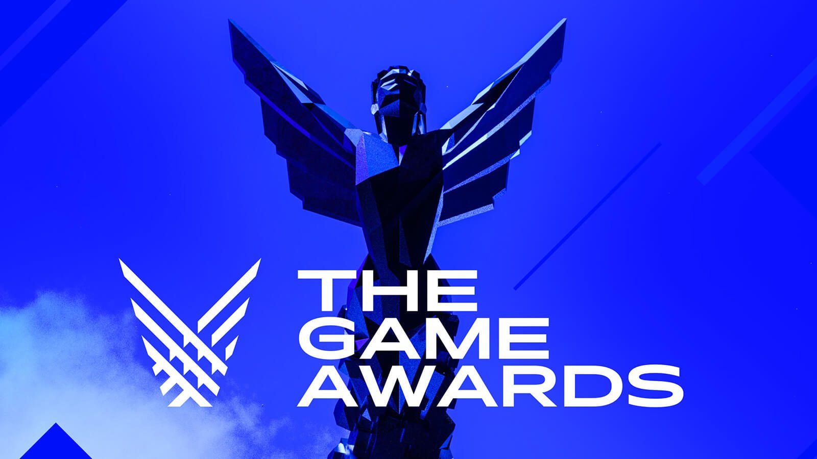 A graphic with a blue background and a Game Awards trophy sitting on a pedestal. The words “The Game Awards December 9” are overlaid in white.