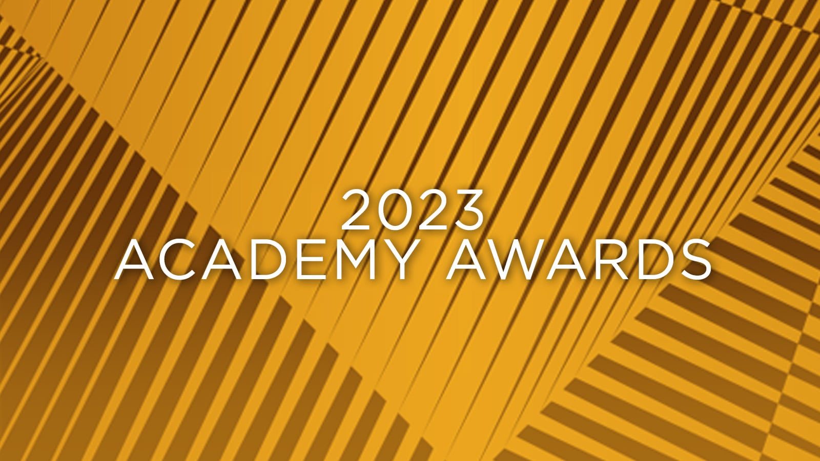 A graphic with the words 2023 Academy Awards in white over a yellow and brown-striped background.