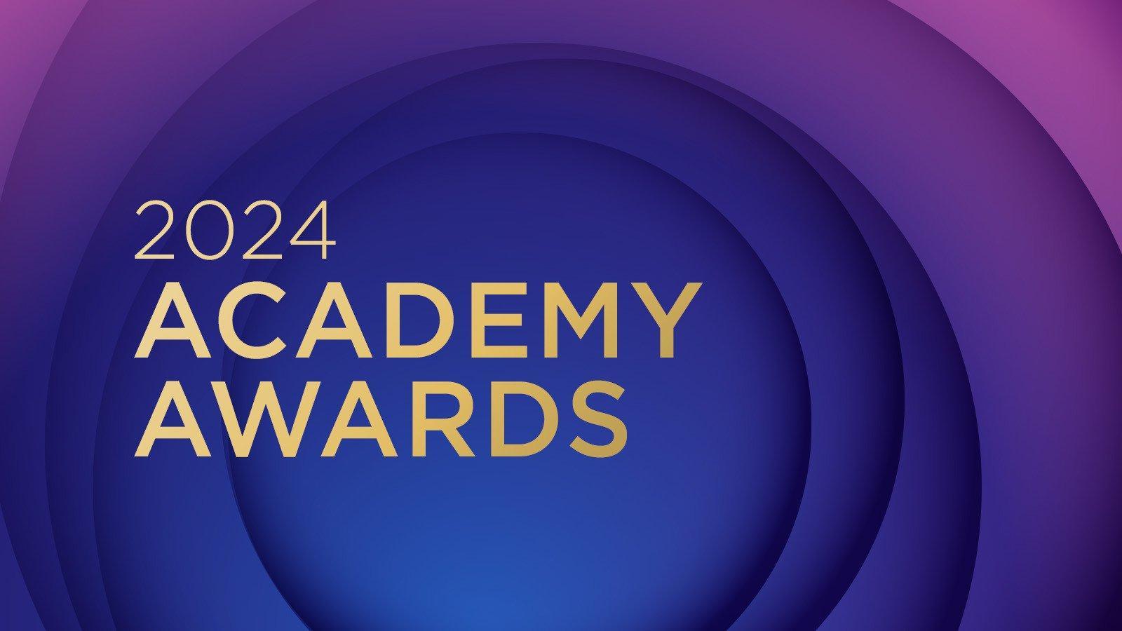 A graphic of a blue and purple swirls. The words 2024 Academy Awards are overlaid in gold.