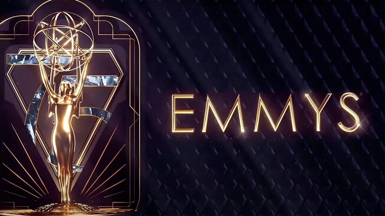 A graphic of an Emmy statuette in front of the number 75. Emmys is written in gold on the right side. The background is dark blue.