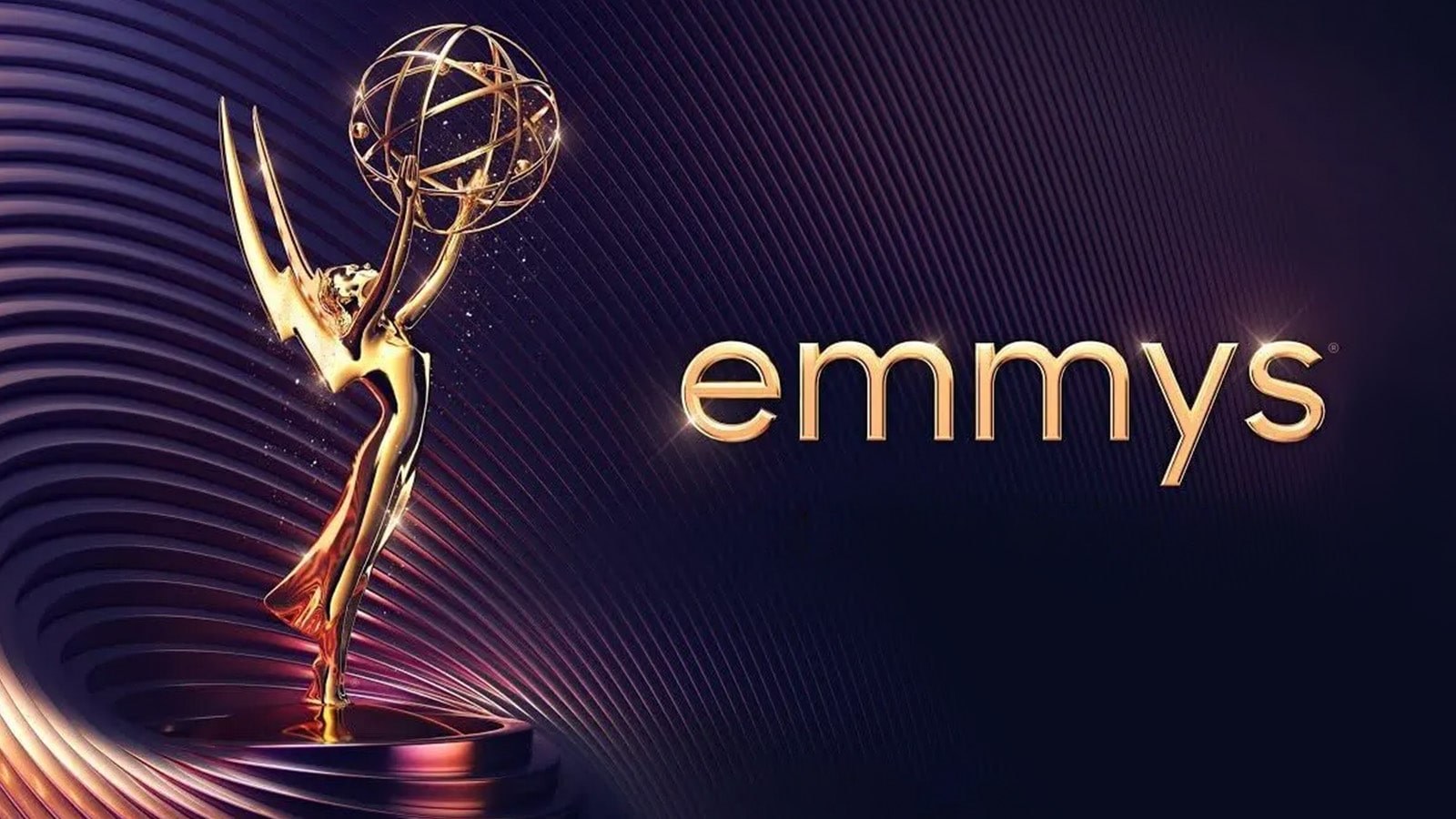 Emmy Award statuette on purple background with word Emmy spelled out.