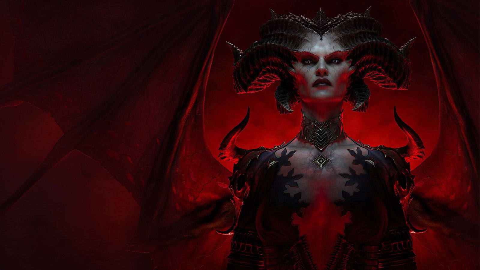 An artistic rendering of 'Diablo IV' character Lilith, a demonic looking woman with wings against a blood red backdrop.