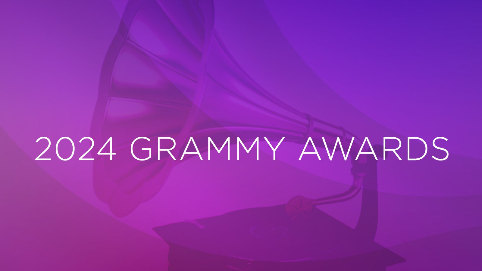 A graphic of a gramophone on a purple background. The words 2024 Grammy Awards are overlaid in white.