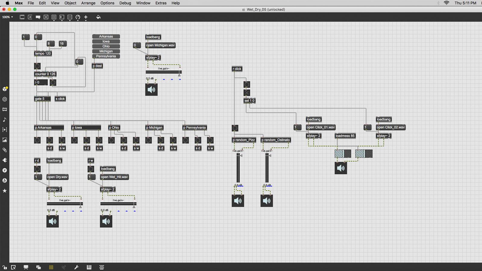 A screenshot of Max software, a visual music programming language. Boxes labeled with sounds are connected with lines to boxes labeled with the names of states.