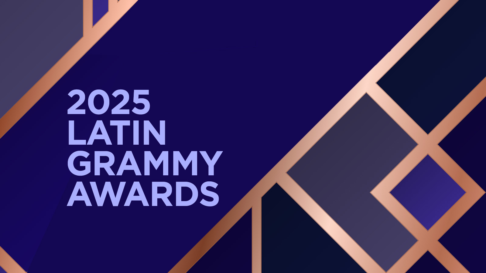 Geometric gold designs on an indigo background with the words 2025 Latin Grammy Awards overlaid in light blue text.