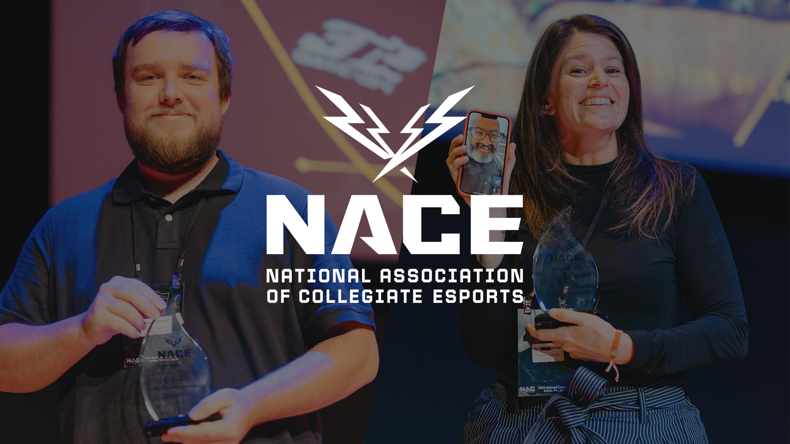 Full Sail’s Garrett Gajweski and Sari Kitelyn hold NACE awards on stage, smiling during the ceremony.