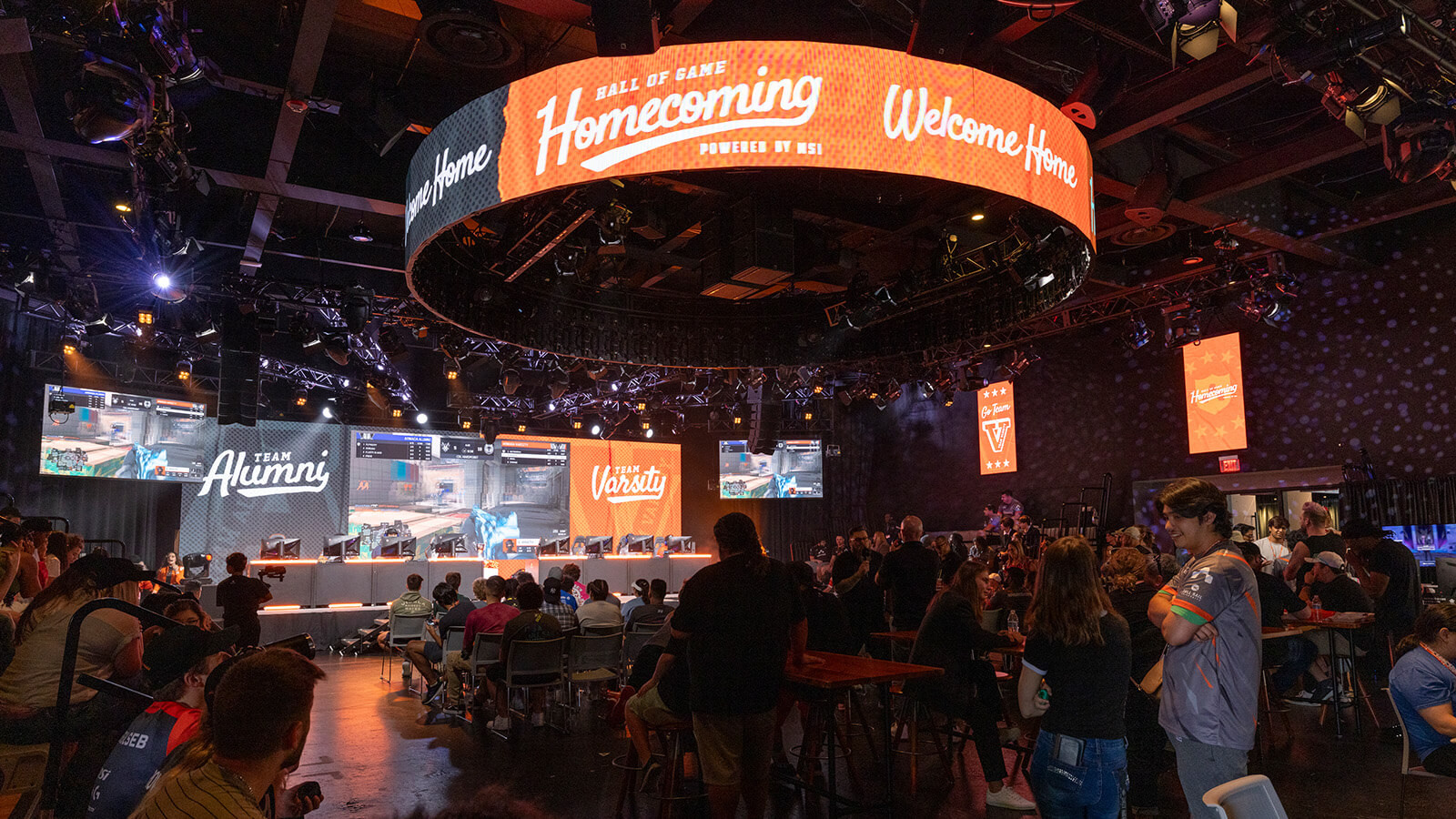 The Full Sail University Fortress is filled with a large crowd of spectators while varsity compete against alumni during Hall of Game: Homecoming.
