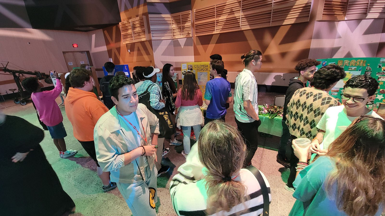 A crowd of people standing and talking around booths representing different countries at the Cultural Festival.