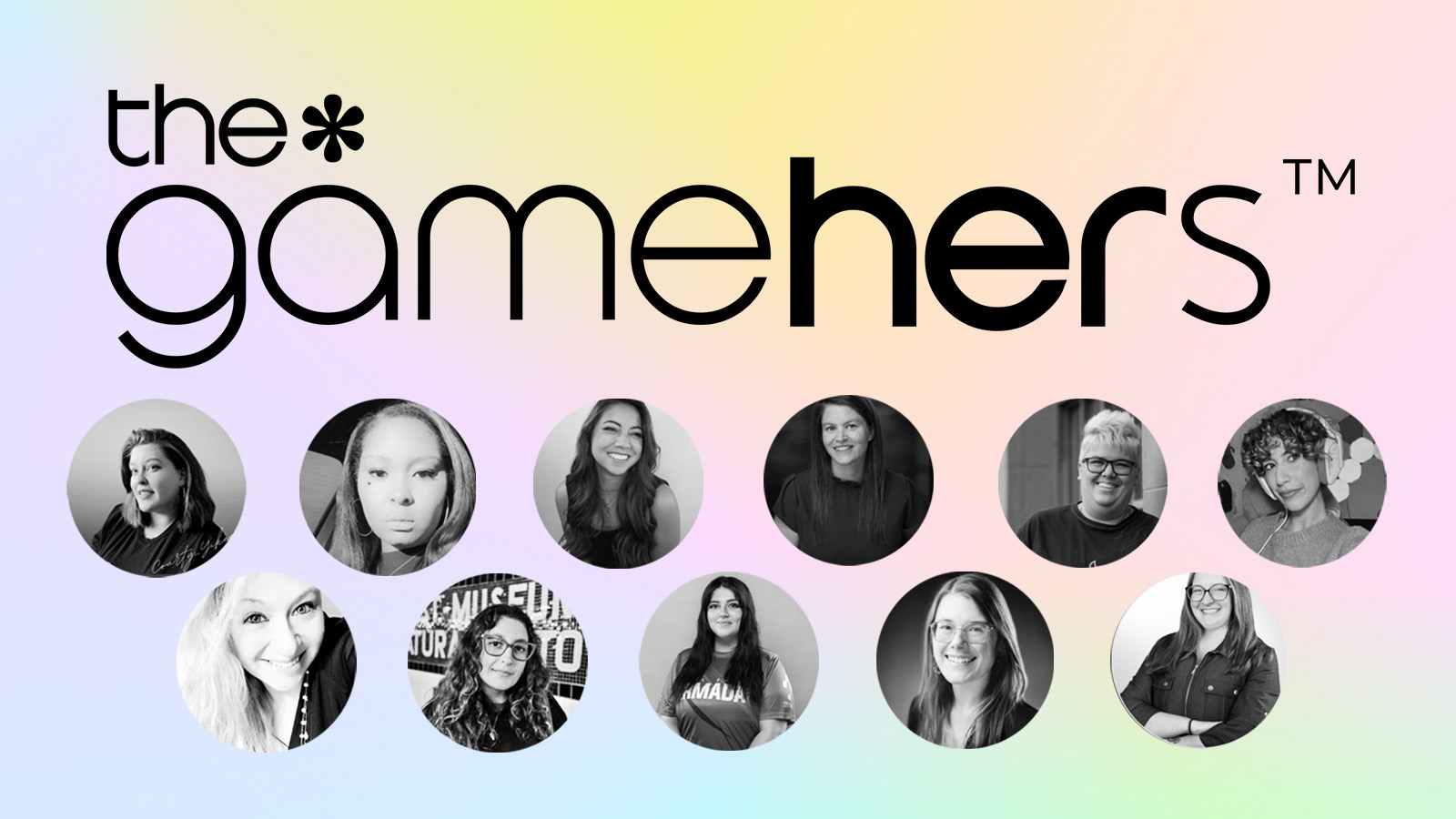 Logo for the*gamehers with a pastel gradient background, featuring 11 diverse women in circular portrait frames below.