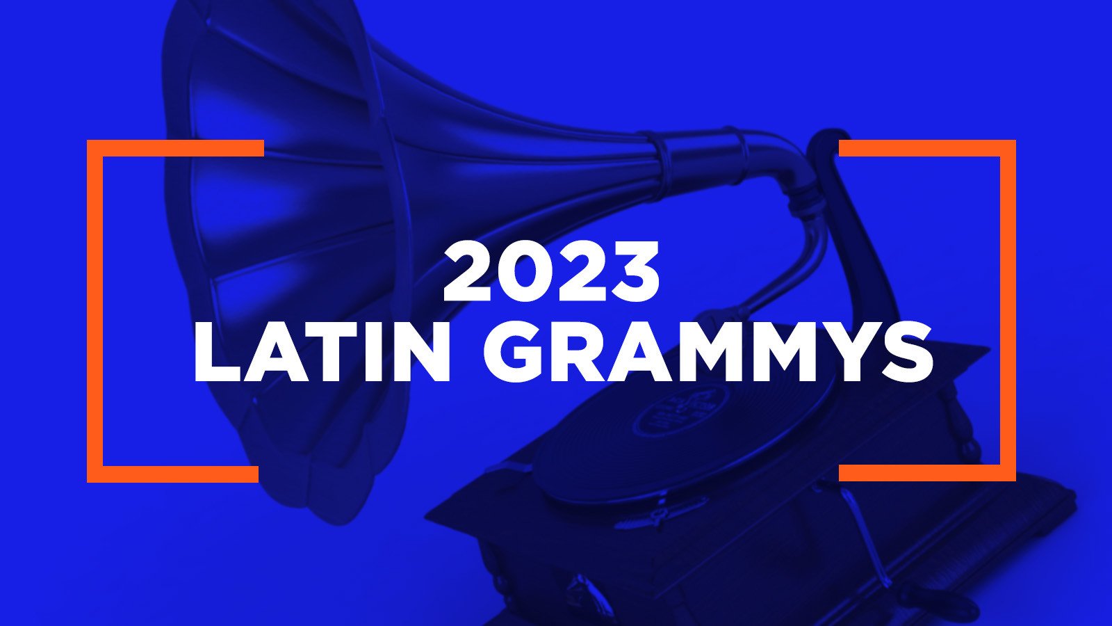 A graphic of a gramophone on a blue background. The words 2023 Latin Grammys are overlaid in white.