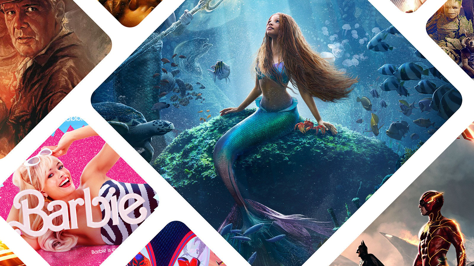 A mosaic of images from 2023’s summer movies, including ‘The Little Mermaid,’ ‘Barbie,’ and ‘Indiana Jones and the Dial of Destiny.'