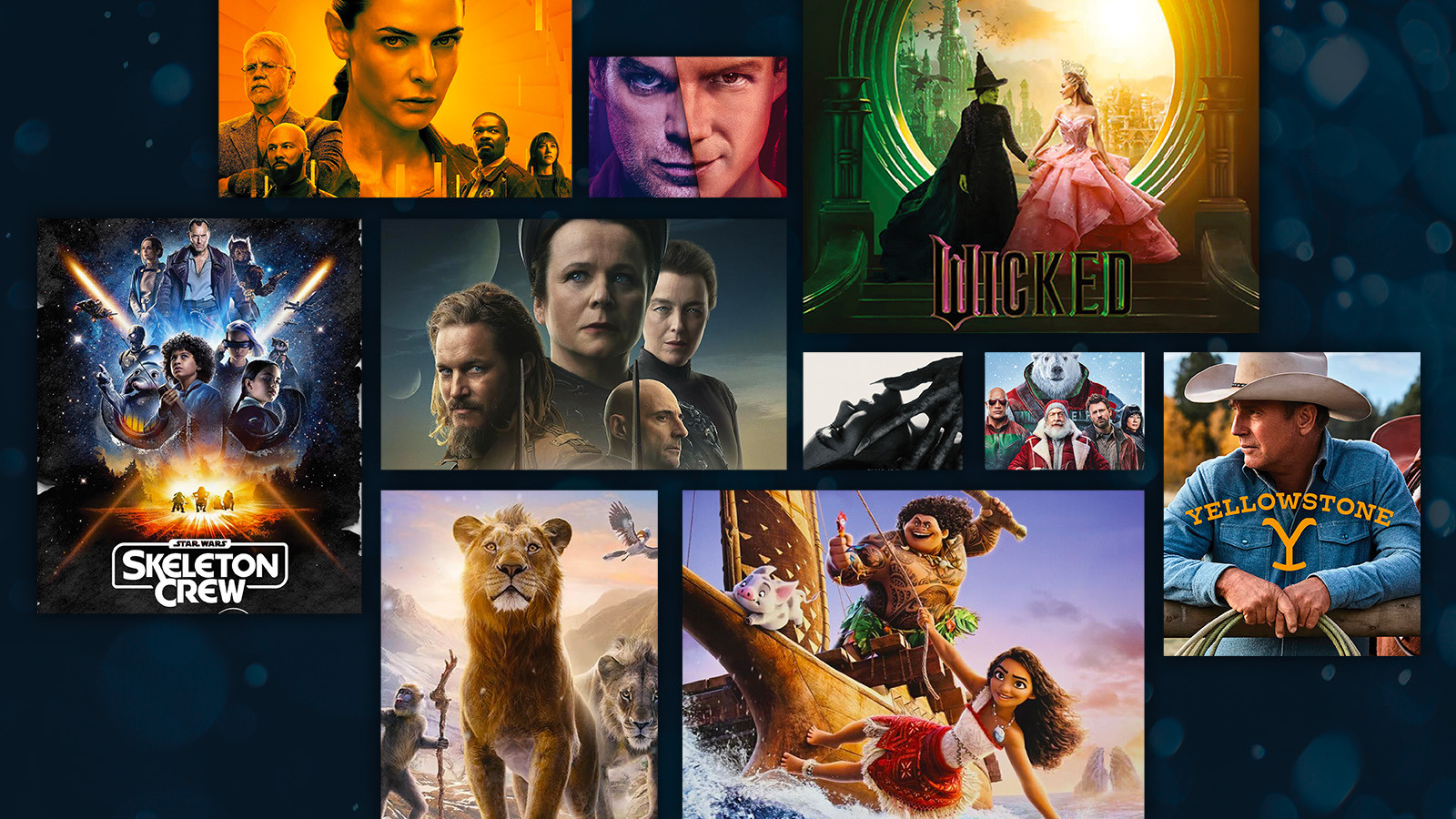 A collage of posters for ‘Wicked,’ ‘Moana 2,’ ‘Yellowstone,’ ‘Nosferatu,’ ‘Red One,’ ‘Star Wars: Skeleton Crew,’ ‘Silo,’ ‘Dune: Prophecy,’ and ‘Mufasa: The Lion King.’