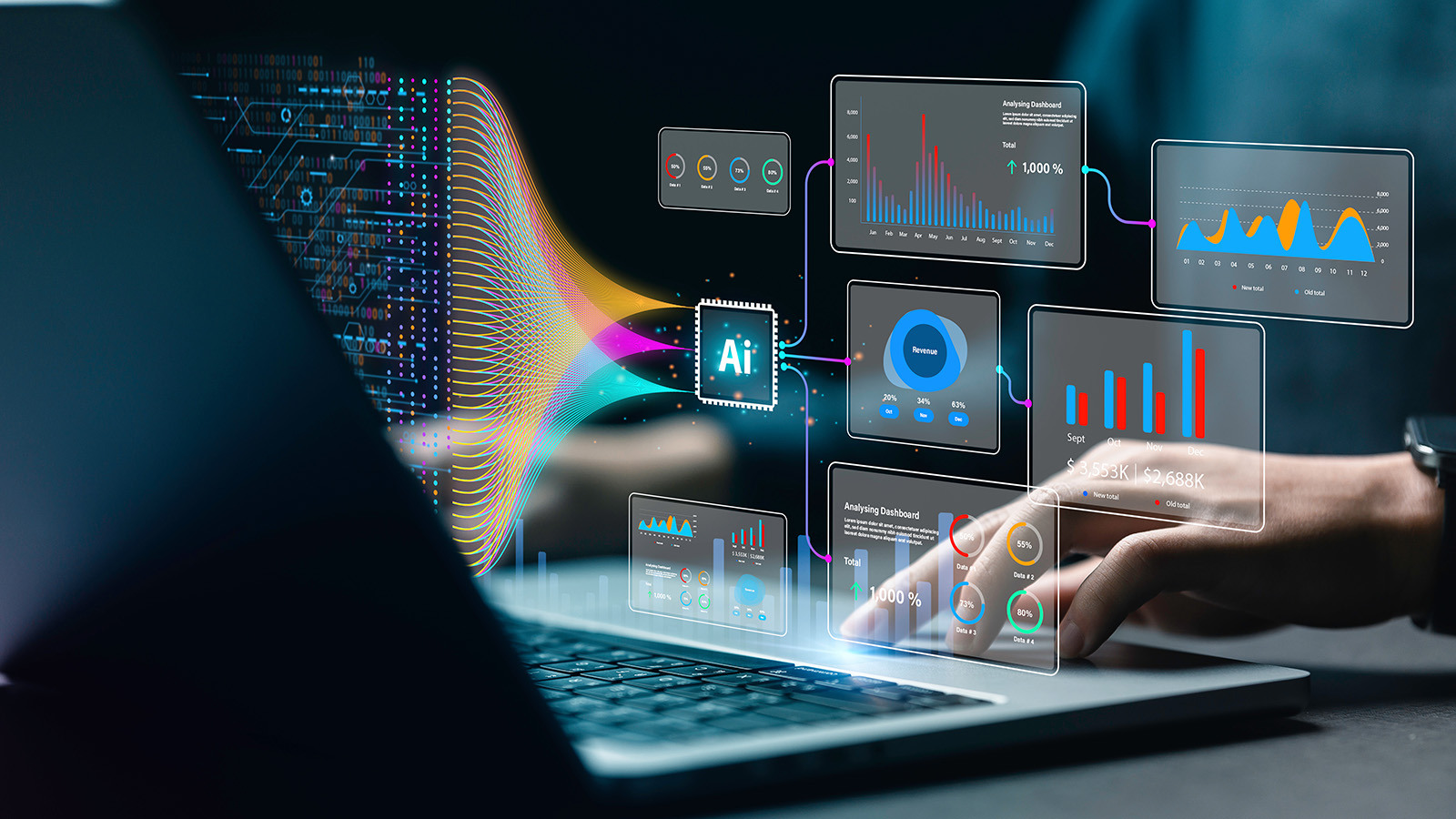 A close-up of a hand using a laptop. Colorful graphics of digital dashboards, charts, and a box saying AI are overlaid on the image.