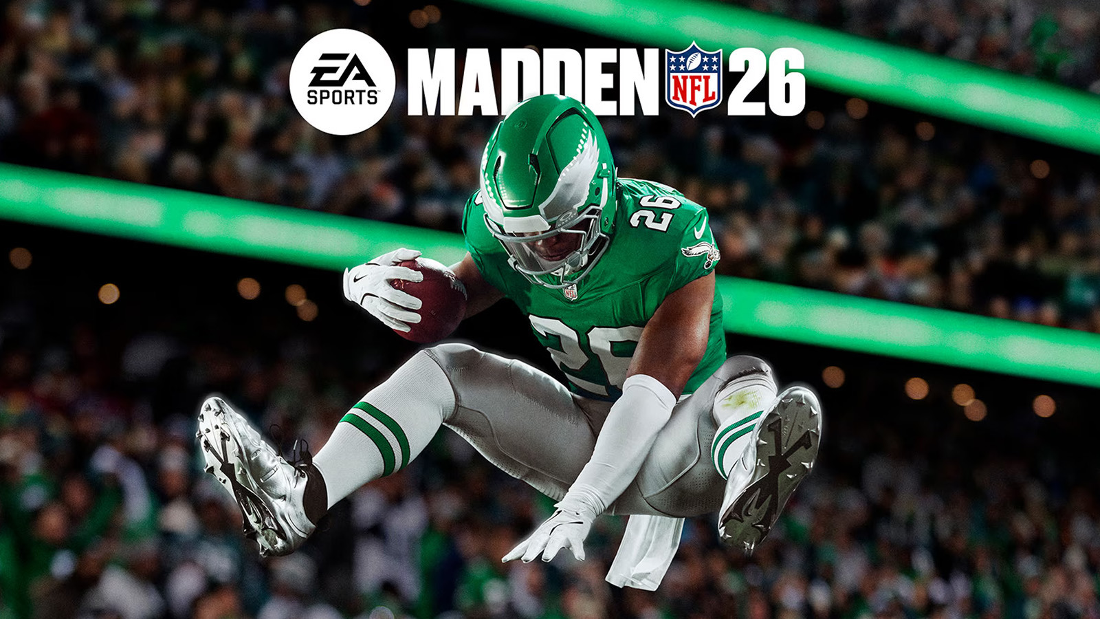 A close-up of an NFL branded football with the EA SPORTS ‘Madden NFL 26’ logo above it.