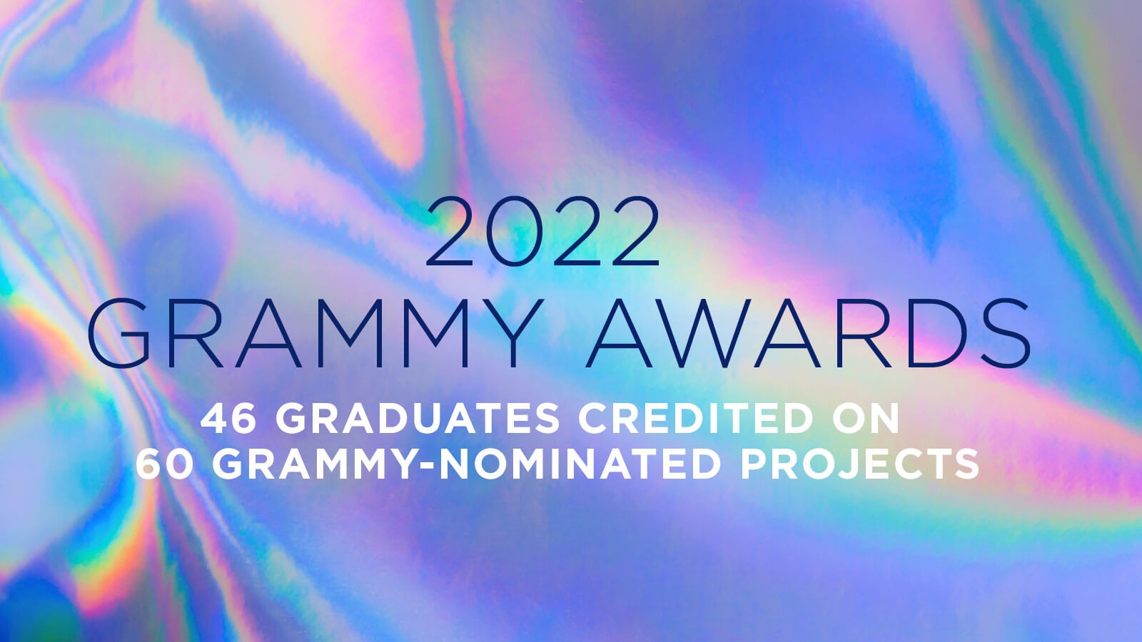 A graphic with a multicolored holographic background and the words 2022 Grammy Awards in blue with the words 47 Grads Credited on 60 Grammy-Nominated Projects beneath it in white.