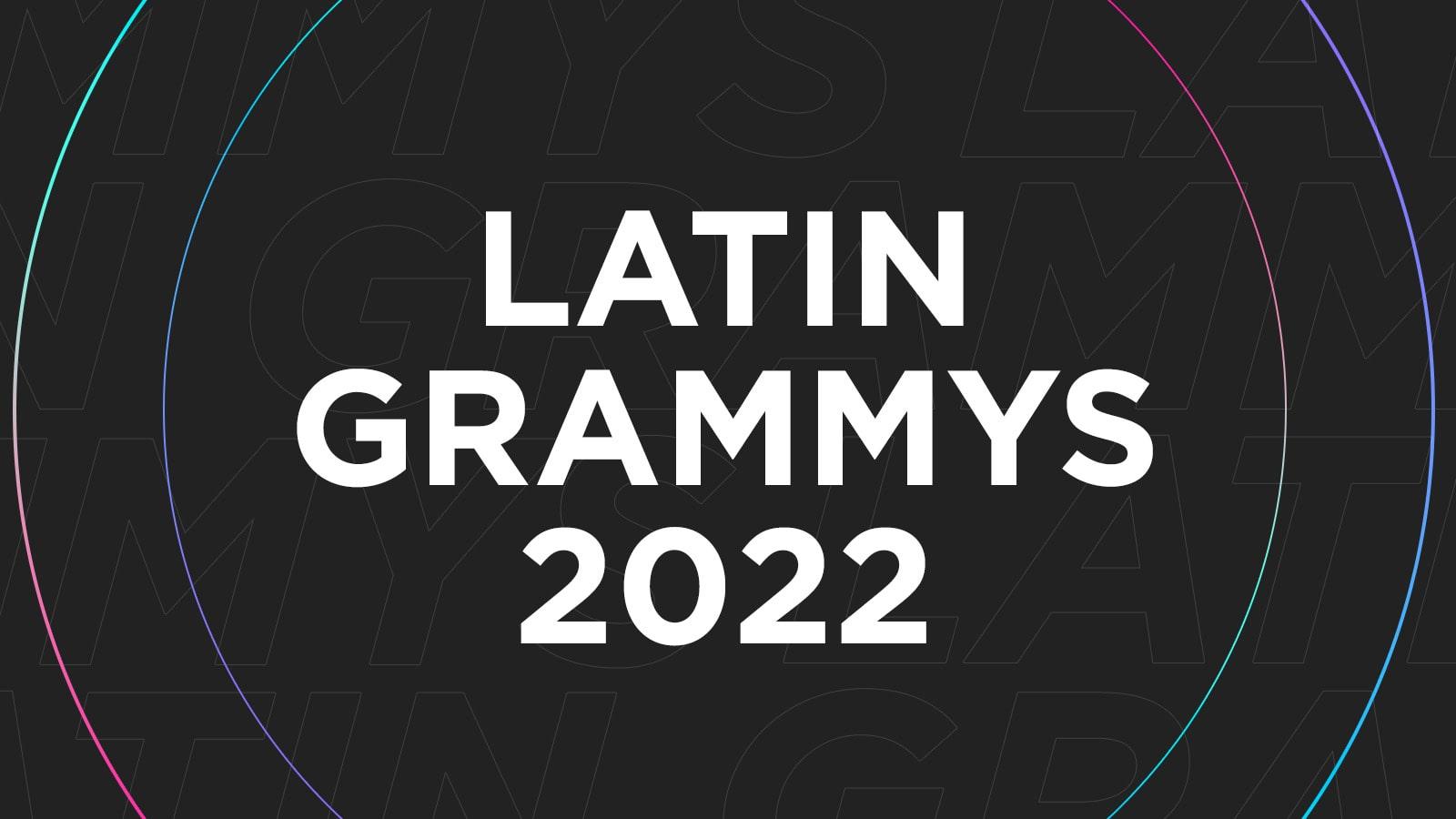 A black graphic with Latin Grammys 2022 written in white surrounded by two multicolored circles.