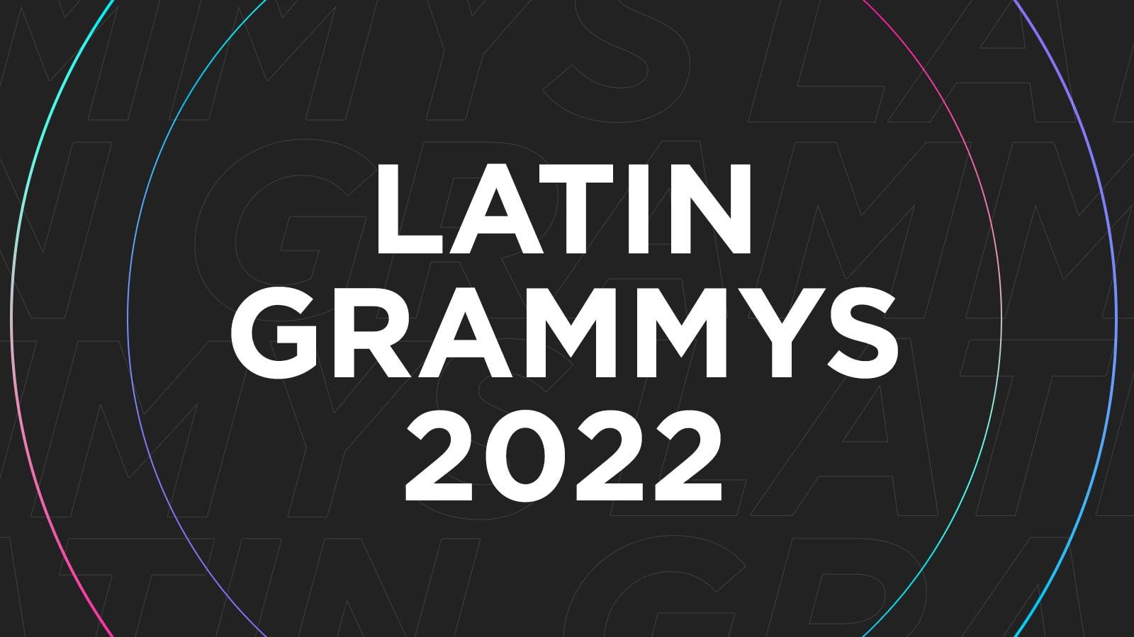 A black graphic with Latin Grammys 2022 written in white surrounded by two multicolored circles.