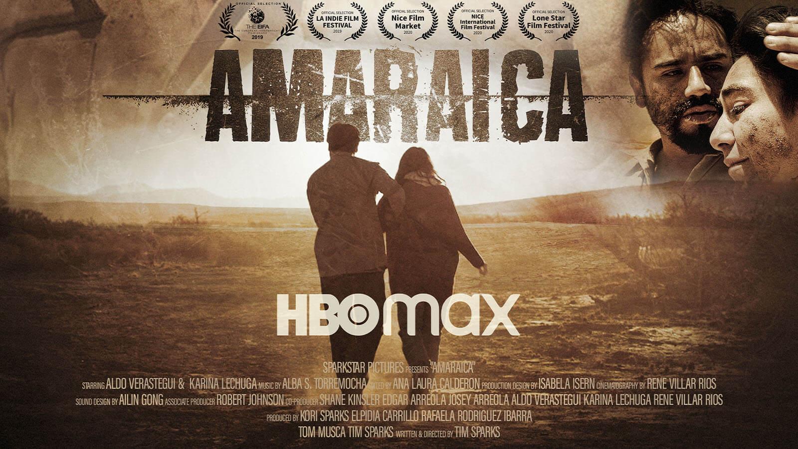 The movie poster for Amaraica. A man and a woman walk across a deserted field with their backs facing the camera.