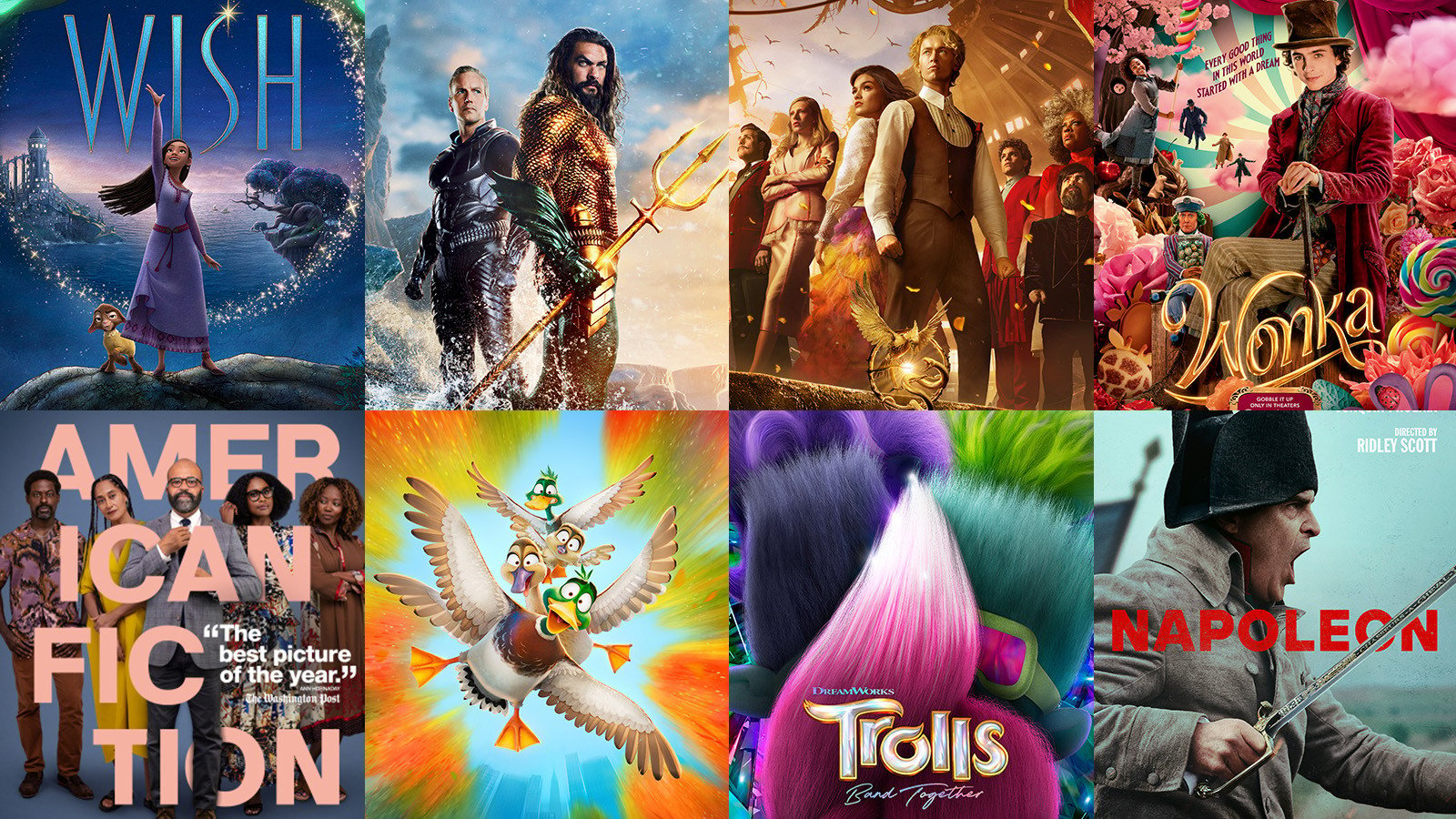 A mosaic of posters from 2023’s holiday movies, including ‘Wish,’ ‘Aquaman,’ ‘Wonka,’ ‘Napoleon,’ and ‘American Fiction.’