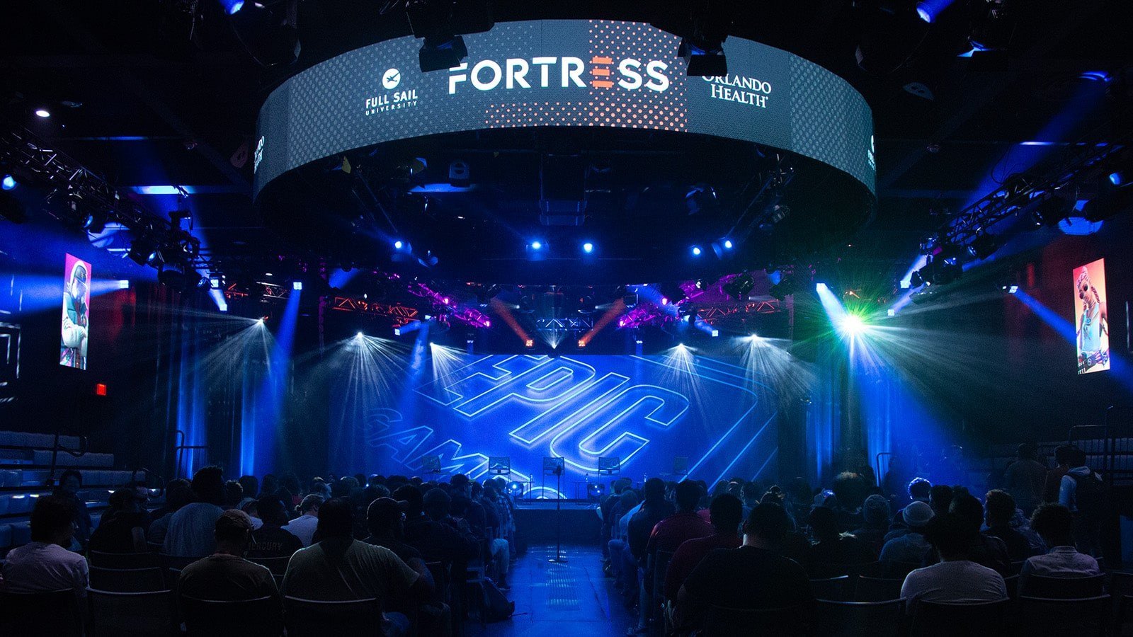 The Full Sail University Orlando Health Fortress stage with the Epic Games logo featured on the large LED screen.