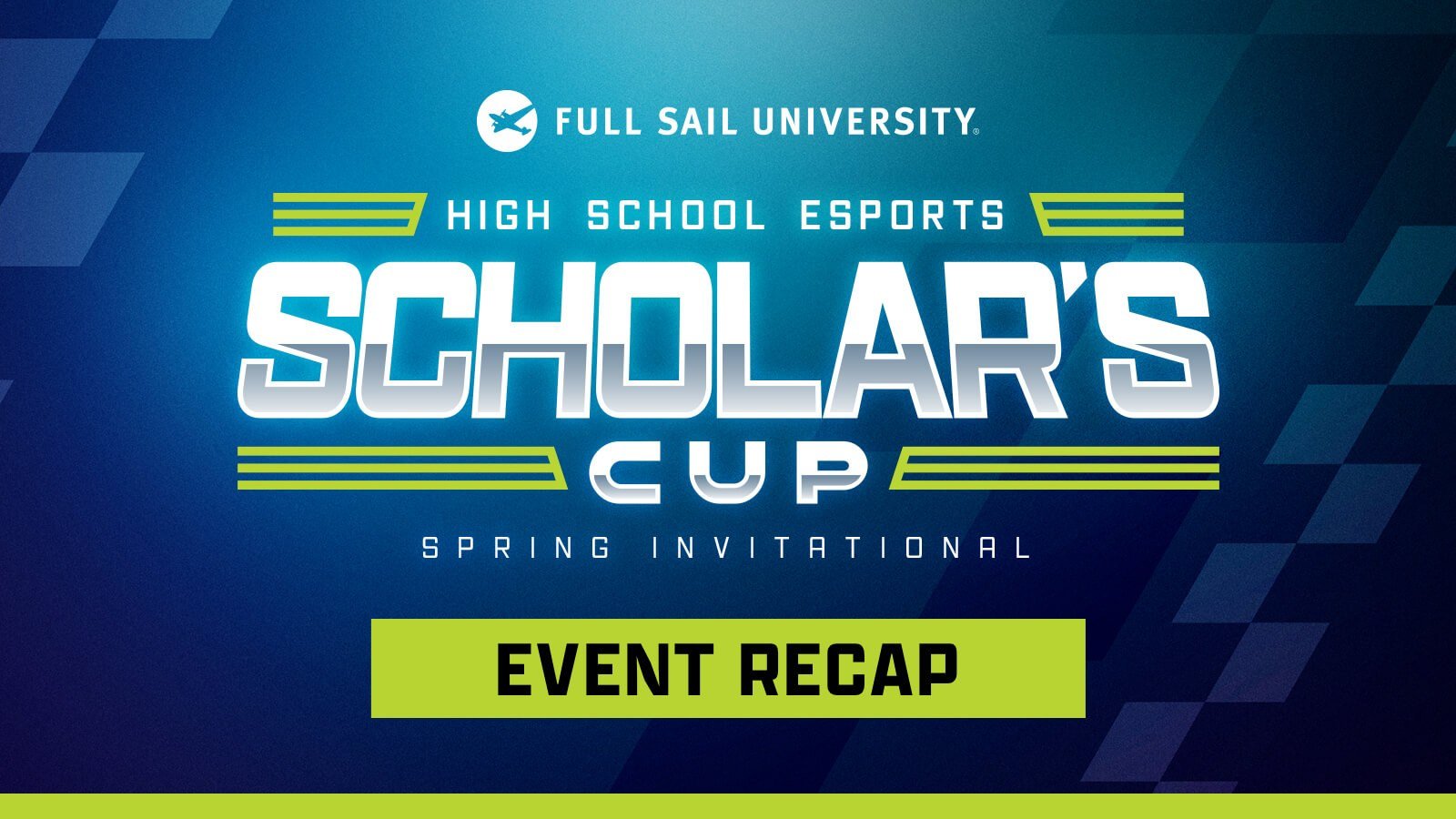 Full Sail High Schools Esports Scholar's Cup Spring Invitational logo in blue, white, and green.