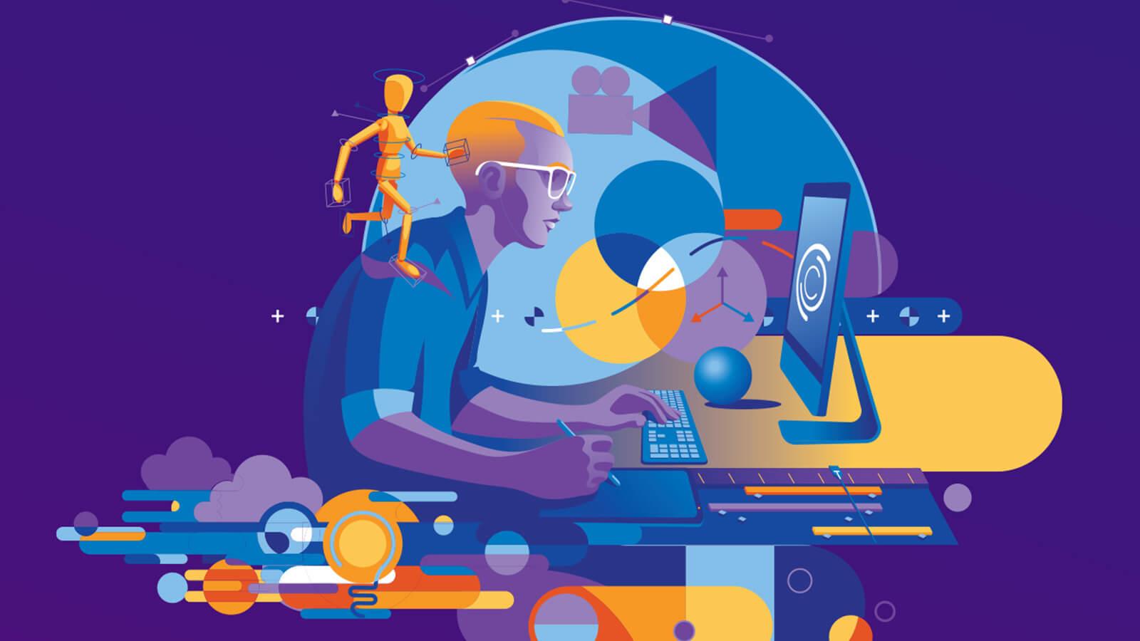 A modern graphic in purple and blue tones with yellow highlights depicts a graphic designer using a desktop computer and stylus surrounded by a collage, which includes an anatomical model, arrows, rulers, clouds, and a film icon.