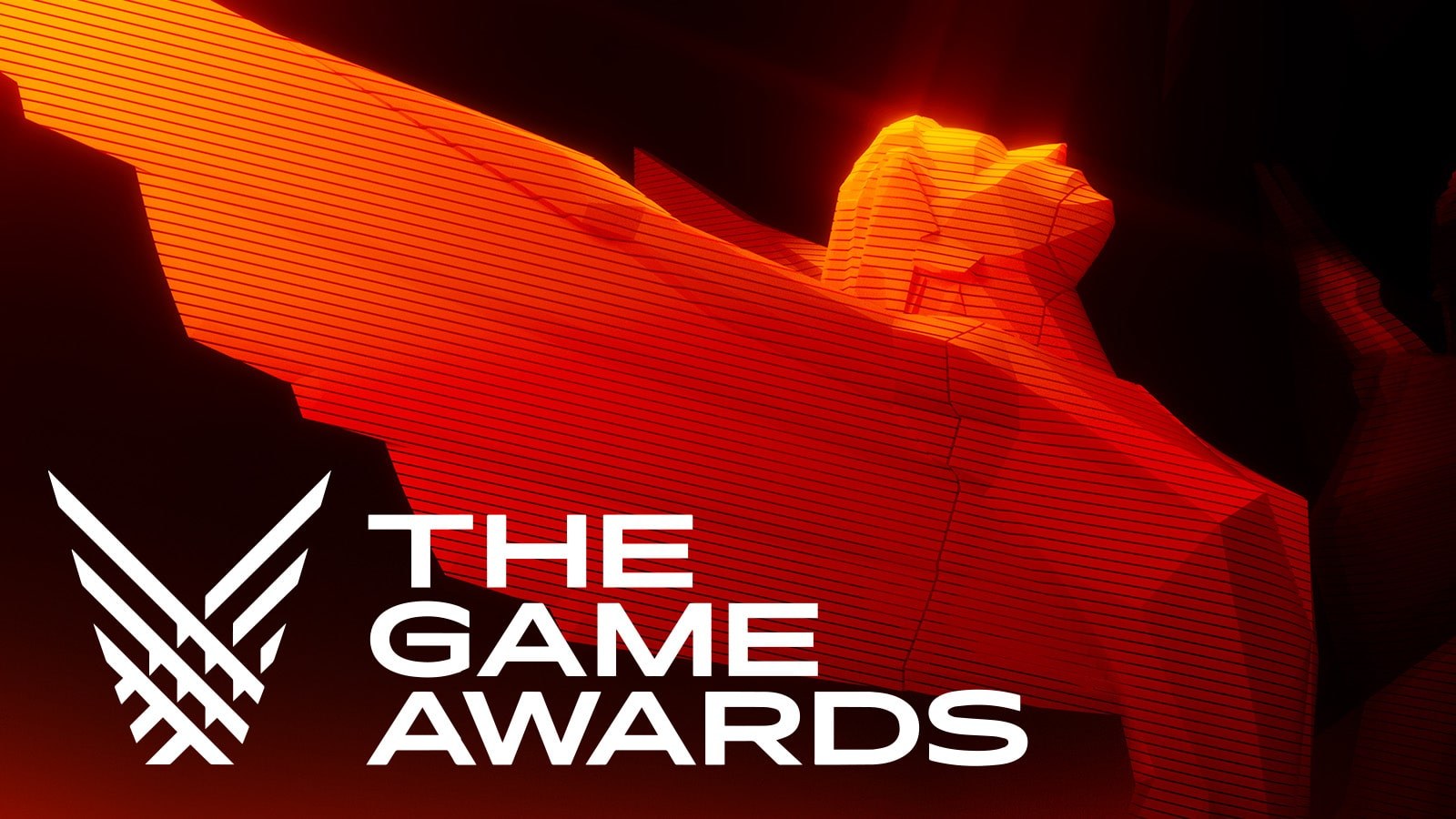 An animated rendering of The Game Awards statuette in red tones which features a woman with outstretched wings.