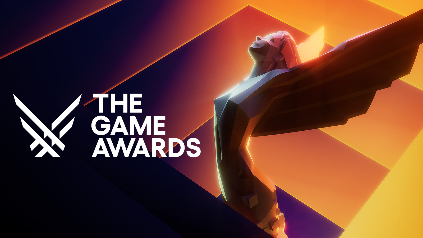 An illustration of The Game Awards statuette which features a woman with outstretched wings against an orange and yellow gradient backdrop, the words 'The Game Awards' appear in white text on the left of the image.