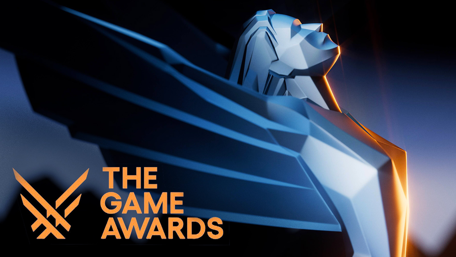 The Game Awards logo appears in light orange next to a digital render of a Game Awards statue with blue and orange gradient lighting.