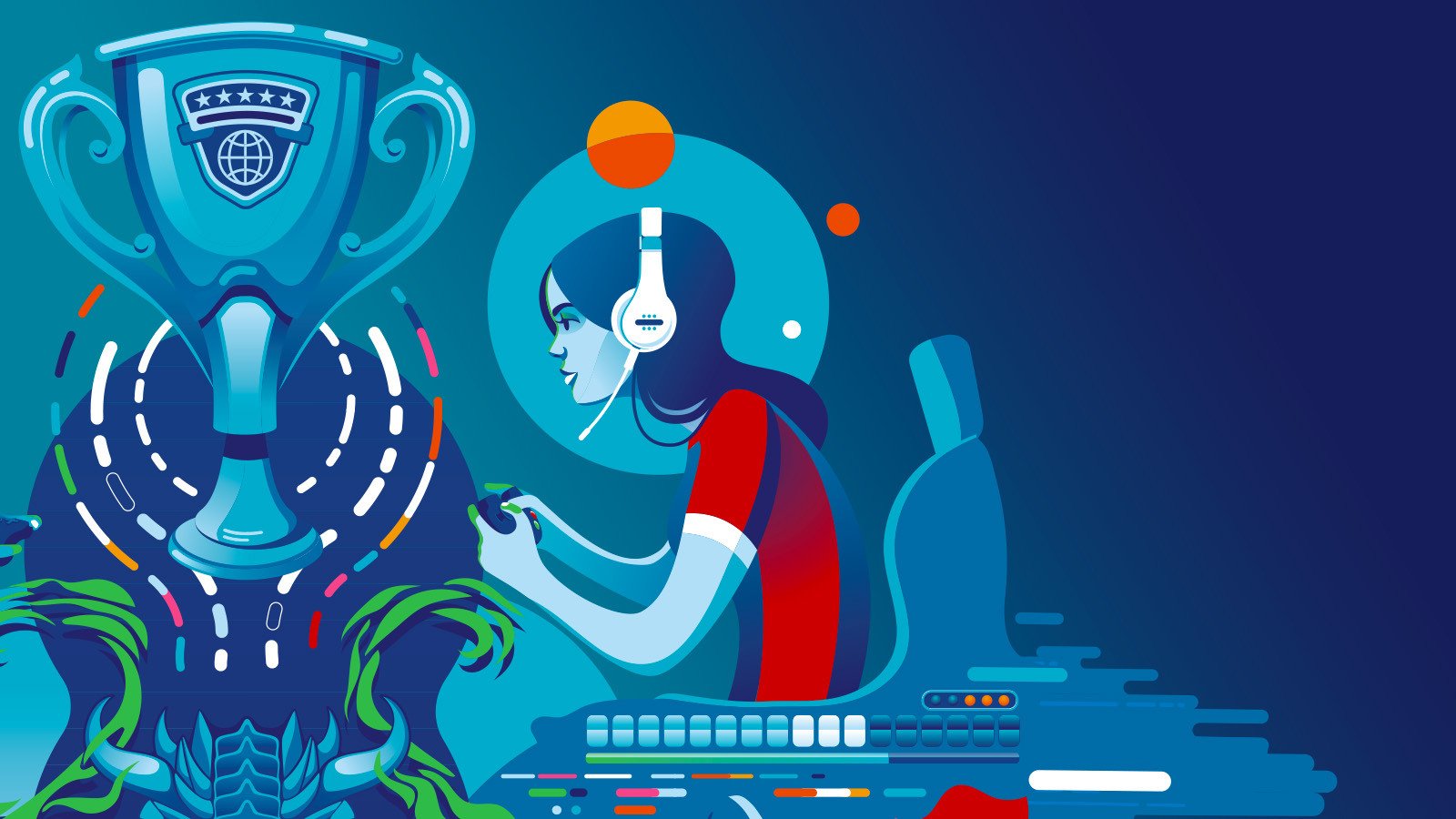 A stylized digital illustration of a focused gamer wearing a headset and playing a game with a controller while sitting in a gaming chair.