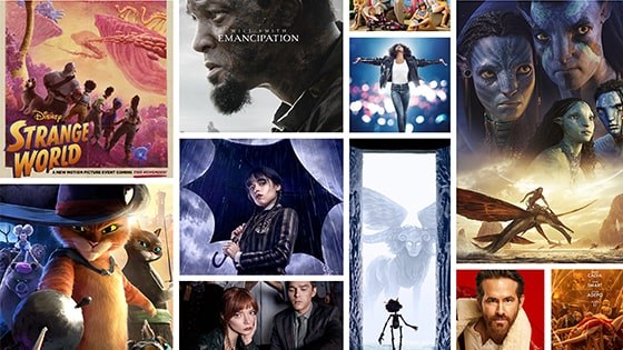 A collage of movie and television series posters and main characters, including Wednesday Addams and Disney’s Dischanted’s entourage.