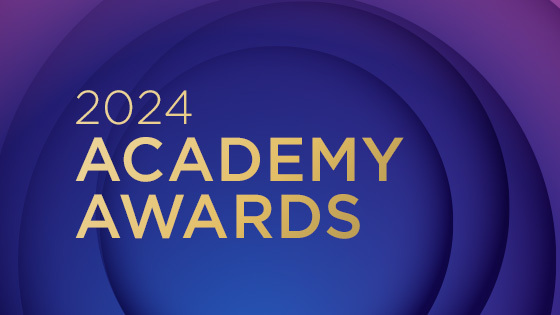 A graphic of a blue and purple swirls. The words 2024 Academy Awards are overlaid in gold.