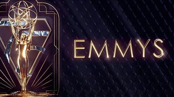 A graphic of an Emmy statuette in front of the number 75. Emmys is written in gold on the right side. The background is dark blue.