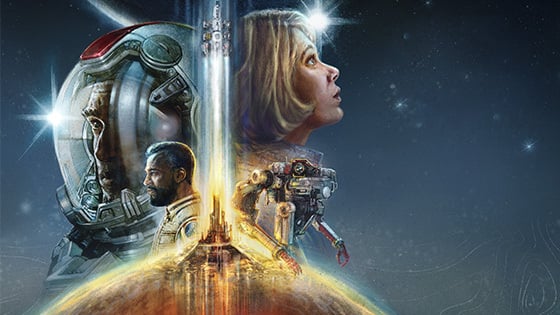 An illustrated collage of characters faces from Bethesda's 'Stafield' surround a spaceship taking off into the atmosphere.
