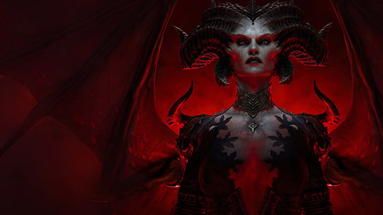 An artistic rendering of 'Diablo IV' character Lilith, a demonic looking woman with wings against a blood red backdrop.