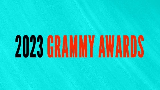 2023 Grammy Awards written in black and red text over a teal background.