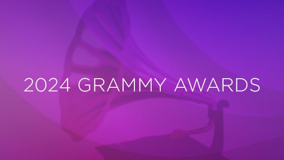 A graphic of a gramophone on a purple background. The words 2024 Grammy Awards are overlaid in white.