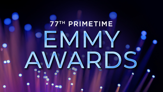 77th Primetime Emmy Awards logo with glowing purple and blue light streaks in the background.