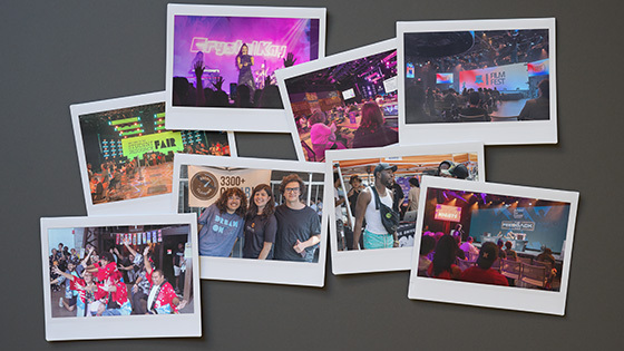 Eight images lay in a scattered pile on a black background. The images include students posing for the camera in colorful Japanese clothing, Crystal Kay performing onstage with purple lights, students posing in front of a 3300+ Climbing sign, and an audience facing a screen displaying “VSU Film Fest.”