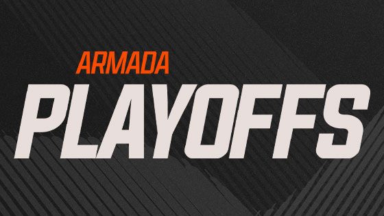 A graphic with a black background and Armada Playoffs written in orange and white.