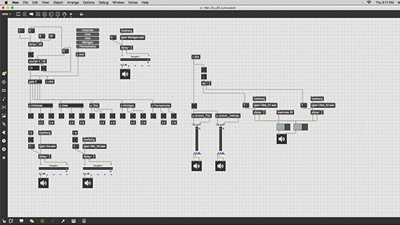 A screenshot of Max software, a visual music programming language. Boxes labeled with sounds are connected with lines to boxes labeled with the names of states.