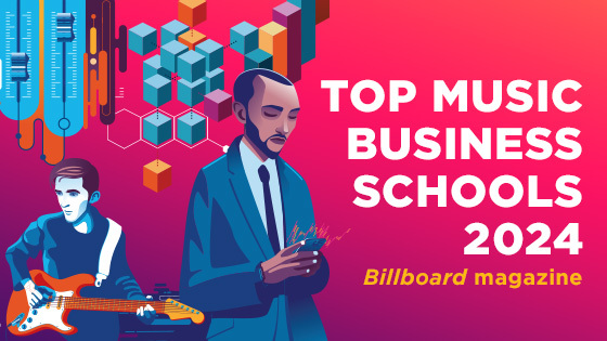 A digital illustration of a man playing guitar while another man types on a smartphone. The words Top Music Business Schools 2024 Billboard magazine are overlaid in white.