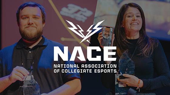 Full Sail’s Garrett Gajweski and Sari Kitelyn hold NACE awards on stage, smiling during the ceremony.