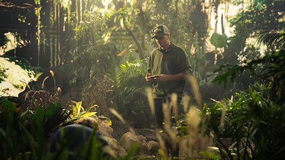 Nate Strayer stands on a film set filled with lush green trees and a digital forest background. He is wearing a baseball cap that says Stray Vista Studios.