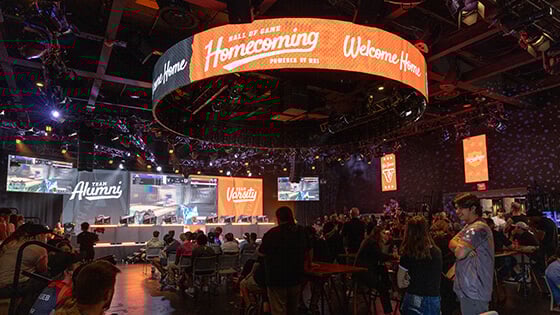 The Full Sail University Fortress is filled with a large crowd of spectators while varsity compete against alumni during Hall of Game: Homecoming.