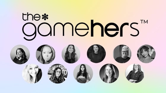Logo for the*gamehers with a pastel gradient background, featuring 11 diverse women in circular portrait frames below.