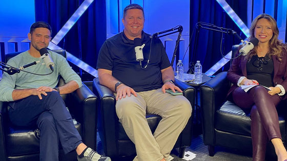 Skylar Richards, Dr. Shawn Stafford, and Dr. Haifa Maamar sit in a recording studio. They each have a microphone in front of them.