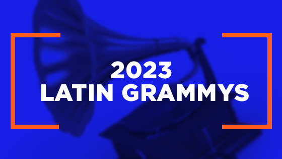 A graphic of a gramophone on a blue background. The words 2023 Latin Grammys are overlaid in white.