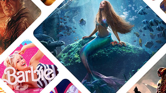 A mosaic of images from 2023’s summer movies, including ‘The Little Mermaid,’ ‘Barbie,’ and ‘Indiana Jones and the Dial of Destiny.'