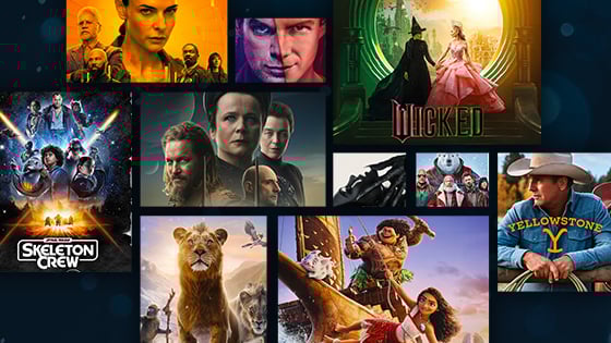 A collage of posters for ‘Wicked,’ ‘Moana 2,’ ‘Yellowstone,’ ‘Nosferatu,’ ‘Red One,’ ‘Star Wars: Skeleton Crew,’ ‘Silo,’ ‘Dune: Prophecy,’ and ‘Mufasa: The Lion King.’